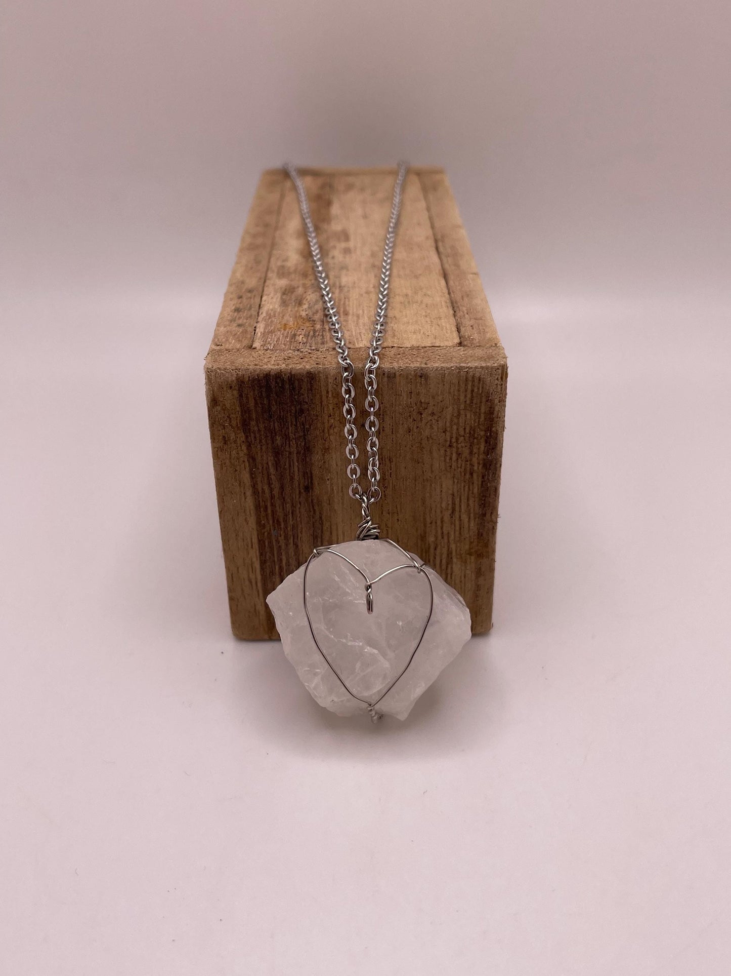 Silver Wire Wrapped Clear Quartz Pendant | Heart Design