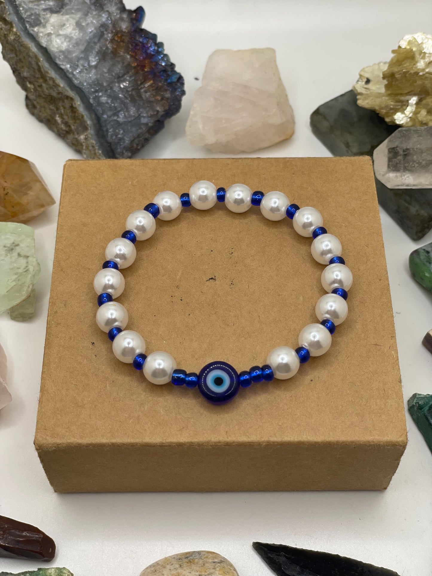 White Pearl Evil Eye Beaded Bracelet