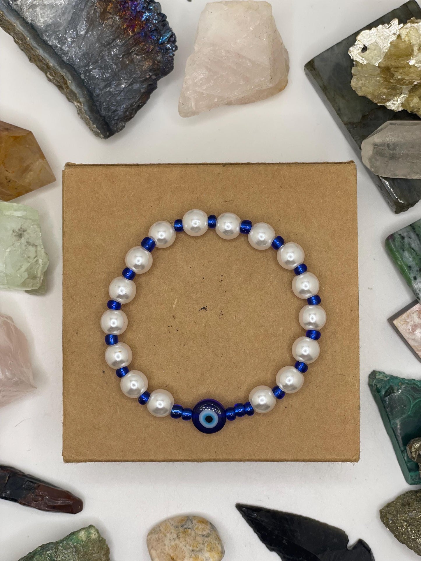 White Pearl Evil Eye Beaded Bracelet