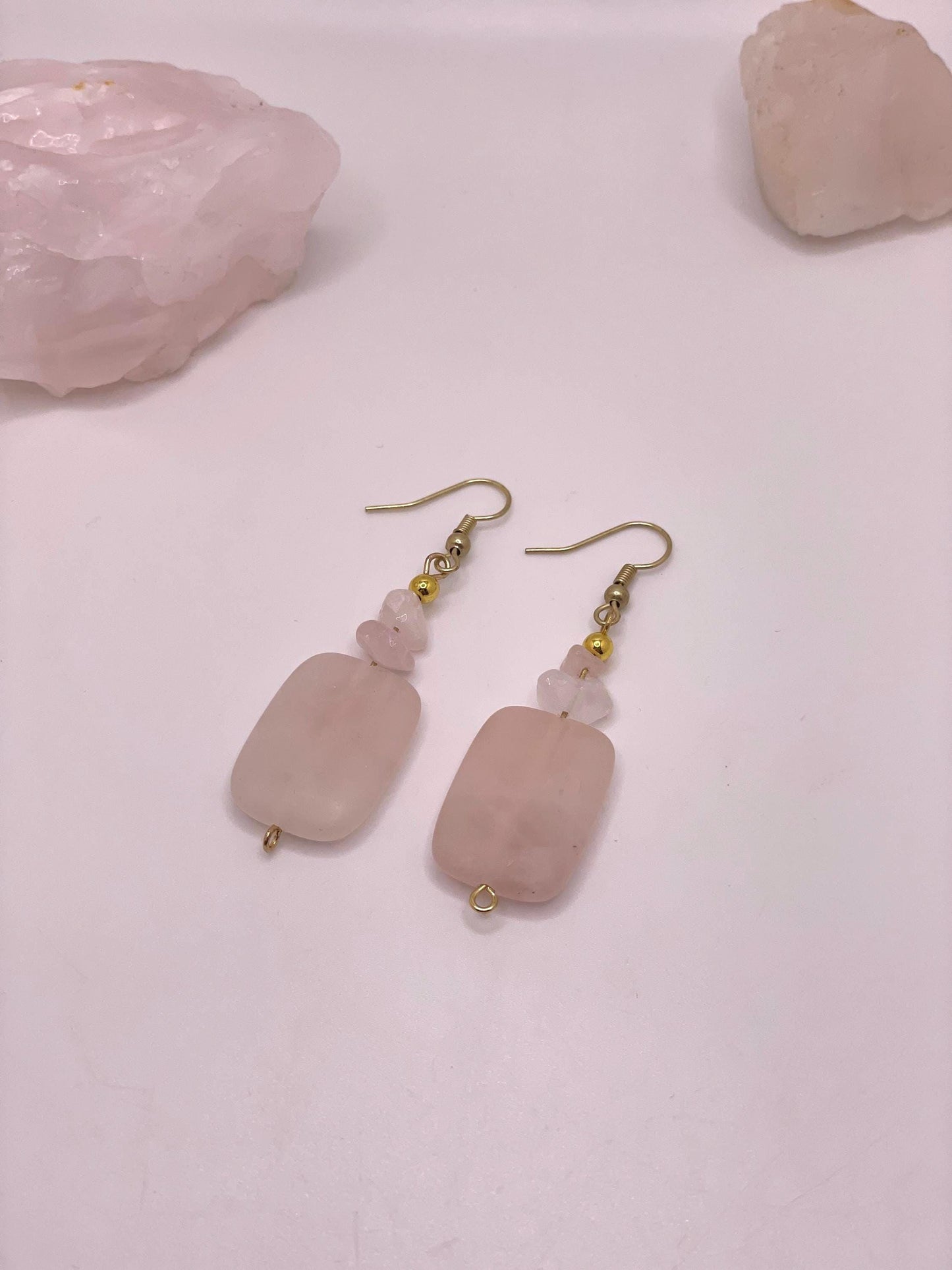 Natural Polished Rose Quartz Dangle Earrings