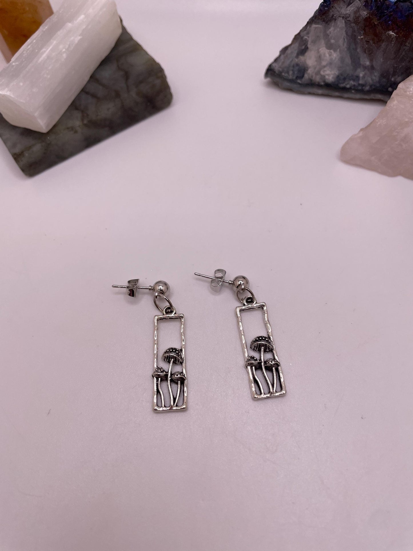 Silver Rectangle Mushroom Dangle Earrings