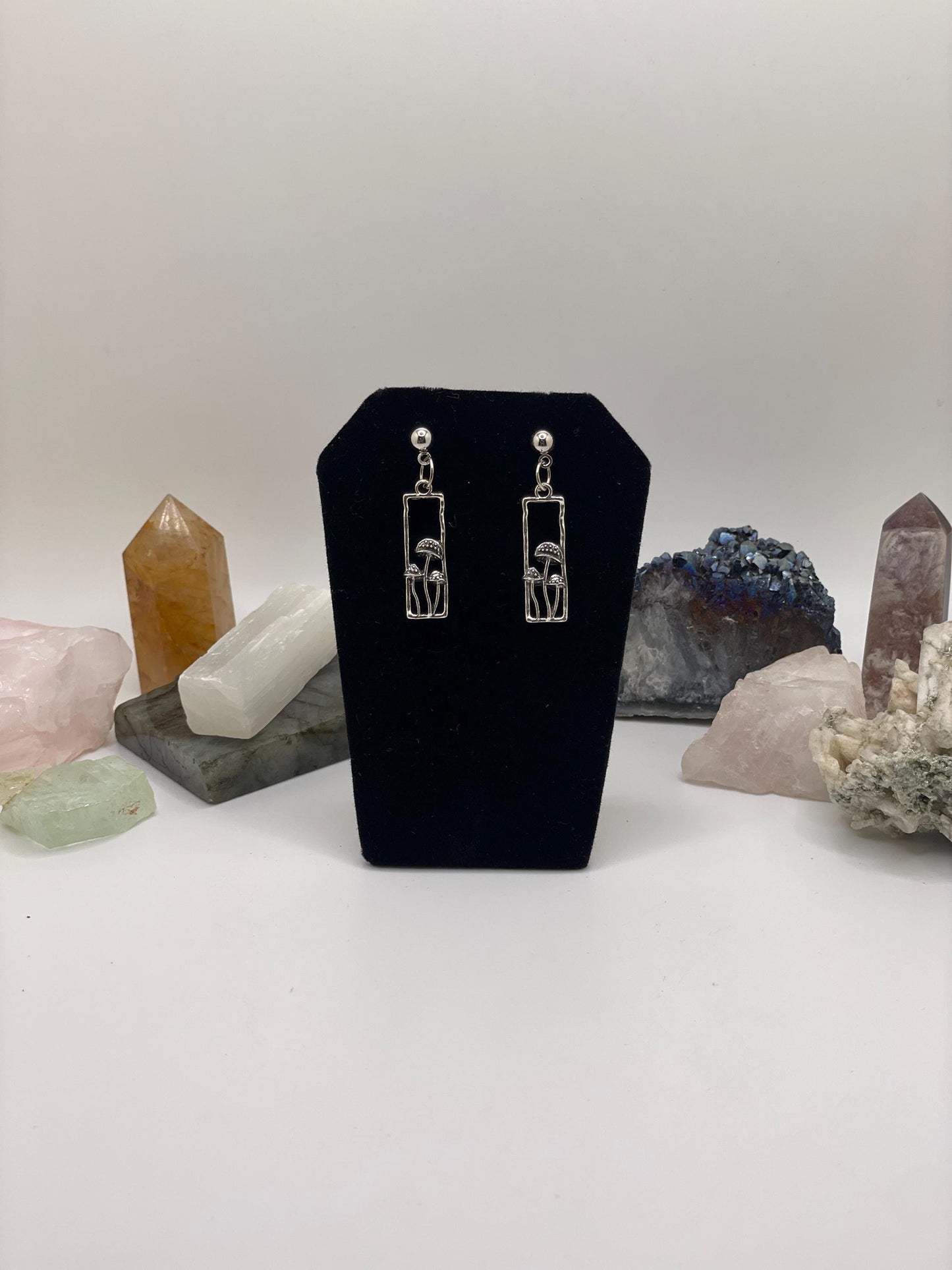 Silver Rectangle Mushroom Dangle Earrings