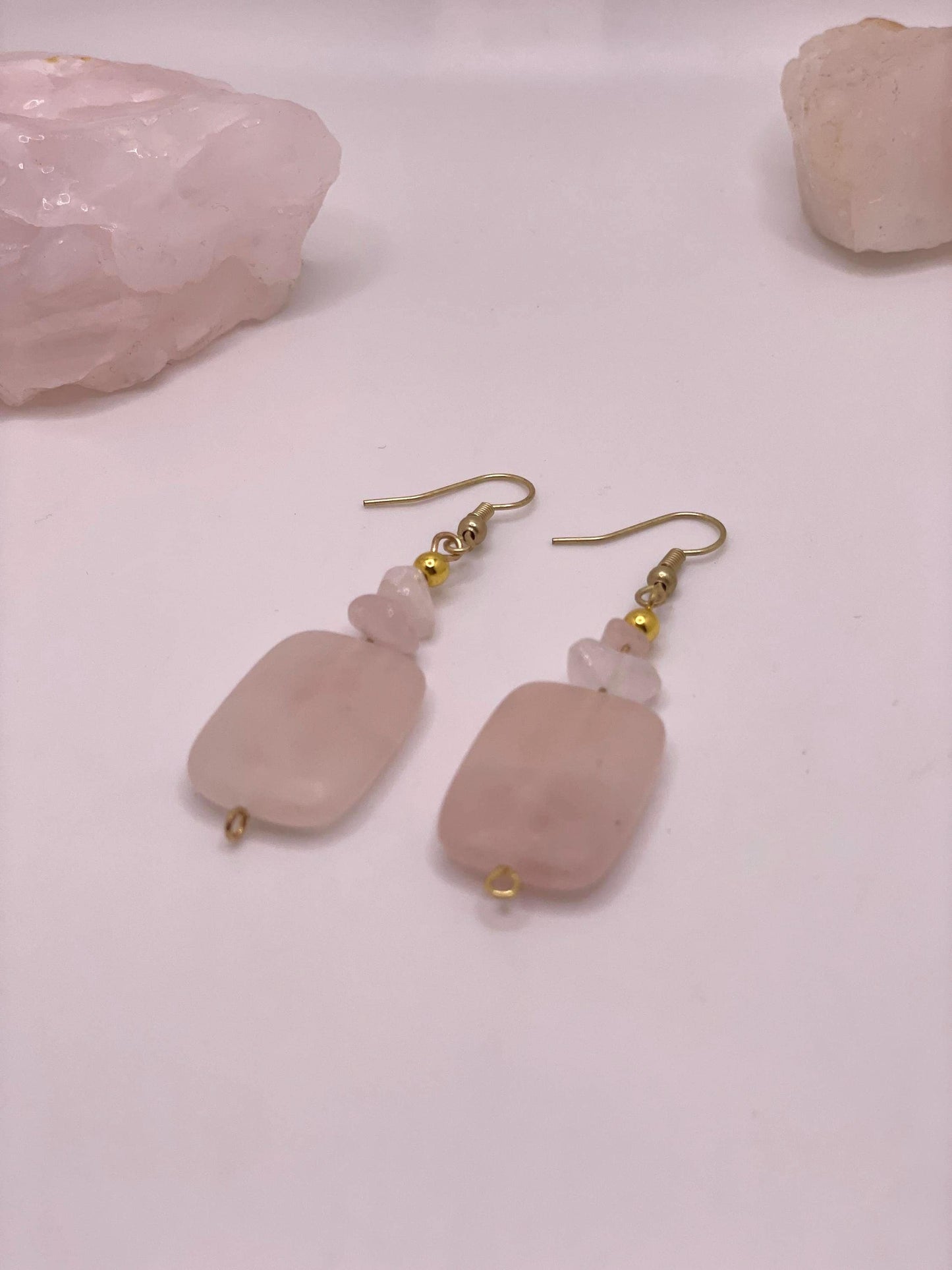 Natural Polished Rose Quartz Dangle Earrings