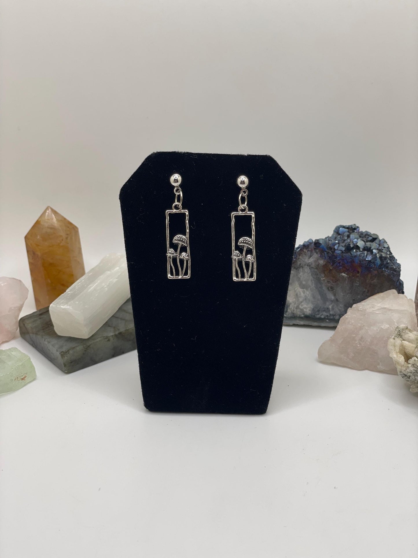 Silver Rectangle Mushroom Dangle Earrings