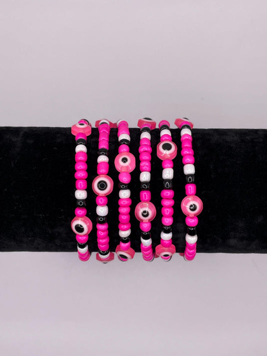 Hot Pink Evil Eye Beaded Bracelet