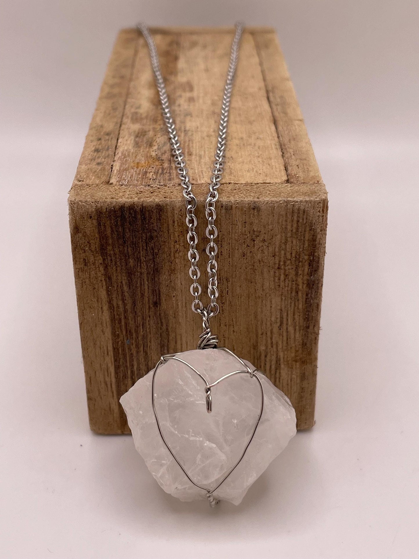 Silver Wire Wrapped Clear Quartz Pendant | Heart Design
