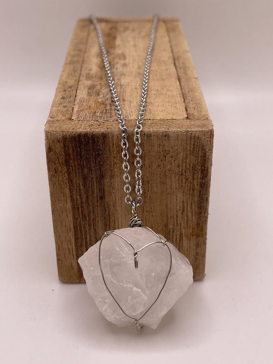 Silver Wire Wrapped Clear Quartz Pendant | Heart Design