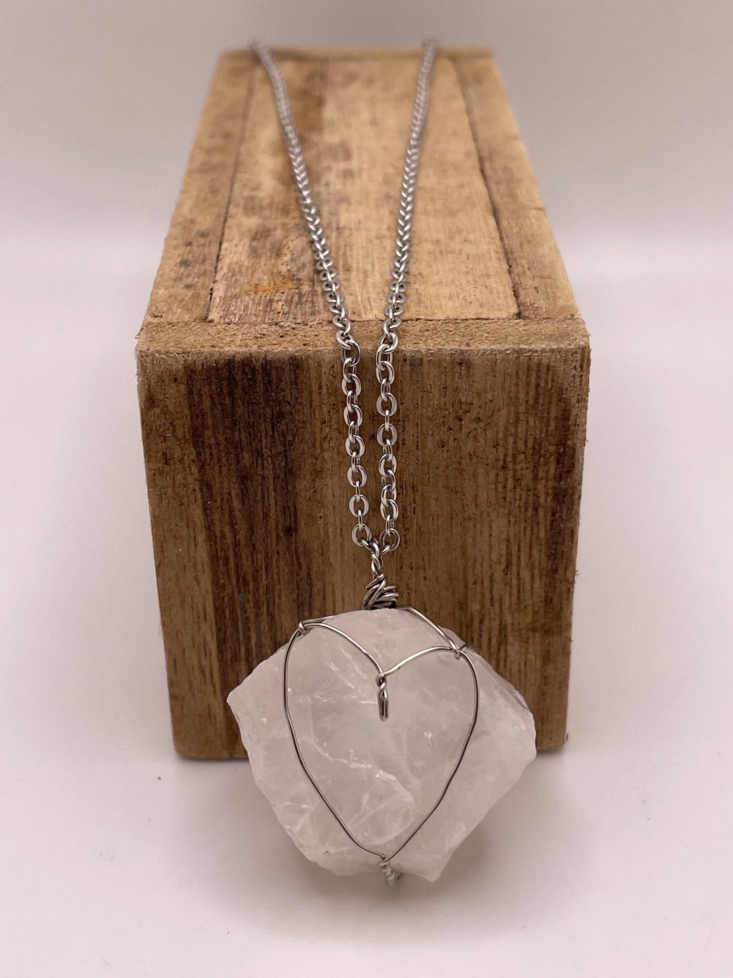 Silver Wire Wrapped Clear Quartz Pendant | Heart Design