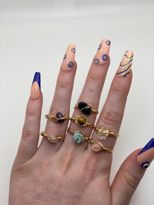 Crystal Wire-Wrapped Ring: Adjustable Gemstone - Rose Quartz, Amethyst, and More