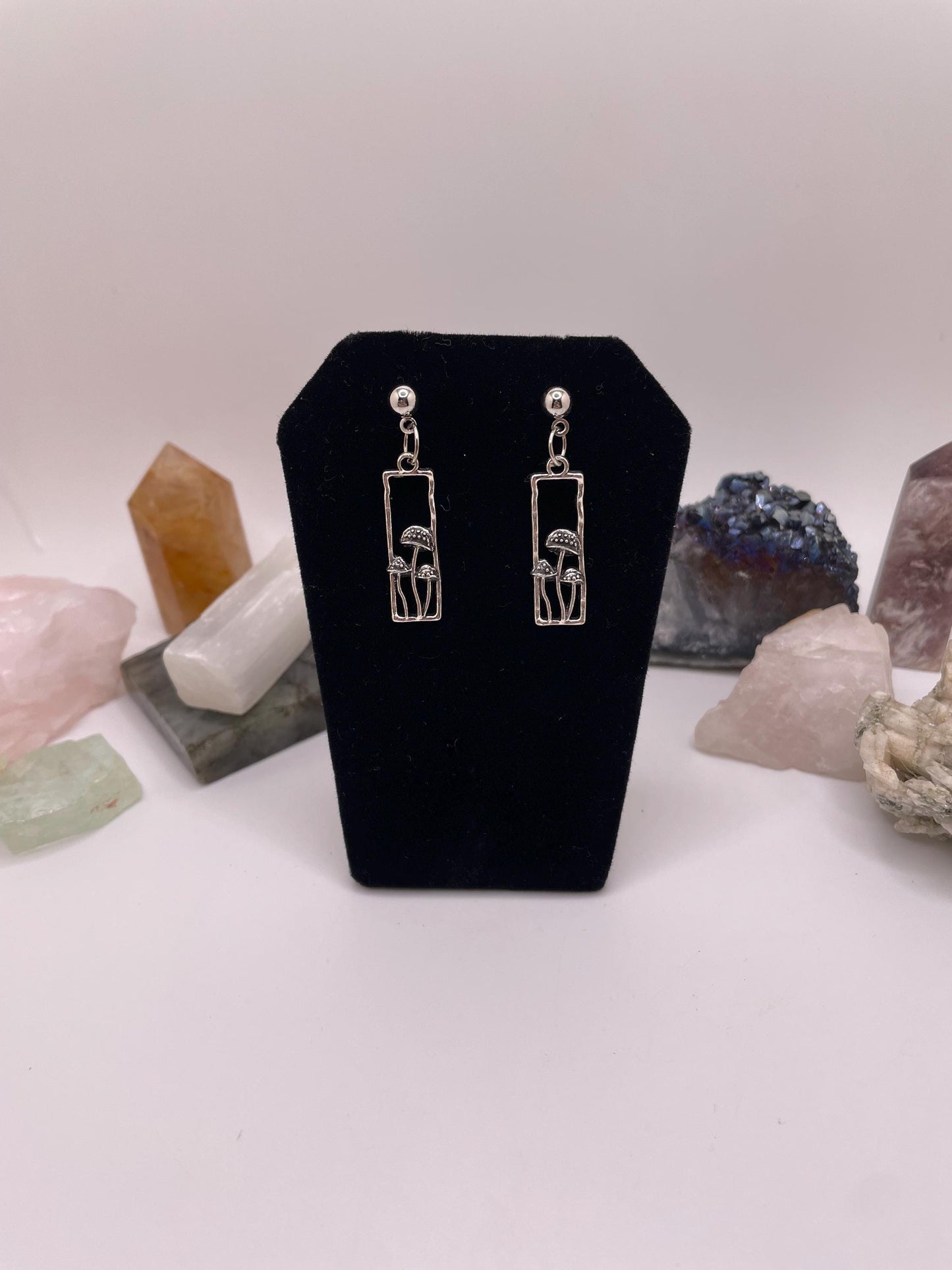 Silver Rectangle Mushroom Dangle Earrings