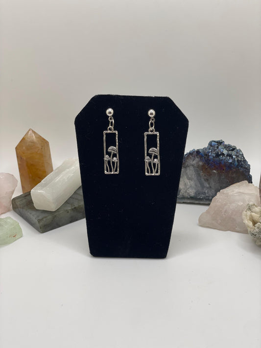 Silver Rectangle Mushroom Dangle Earrings