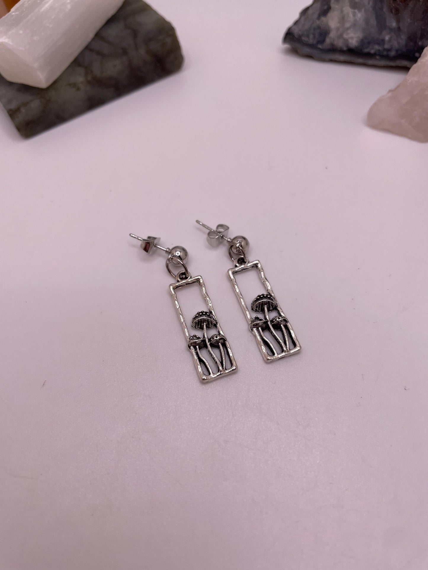 Silver Rectangle Mushroom Dangle Earrings