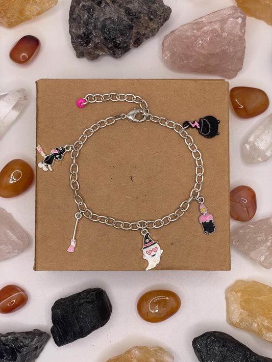 Silver Halloween Charm Bracelet: Adjustable Spooky Jewelry